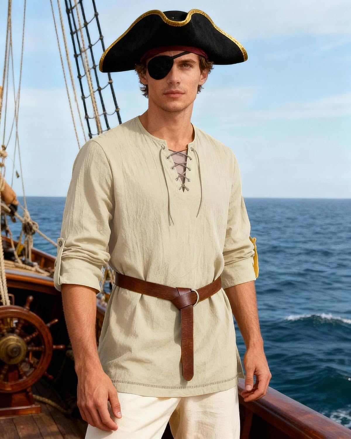 PARTTELY Mens Pirate Shirt Cotton Linen Long Sleeve Lace Up Renaissance Shirt Medieval Costume Men with Belt for Halloween