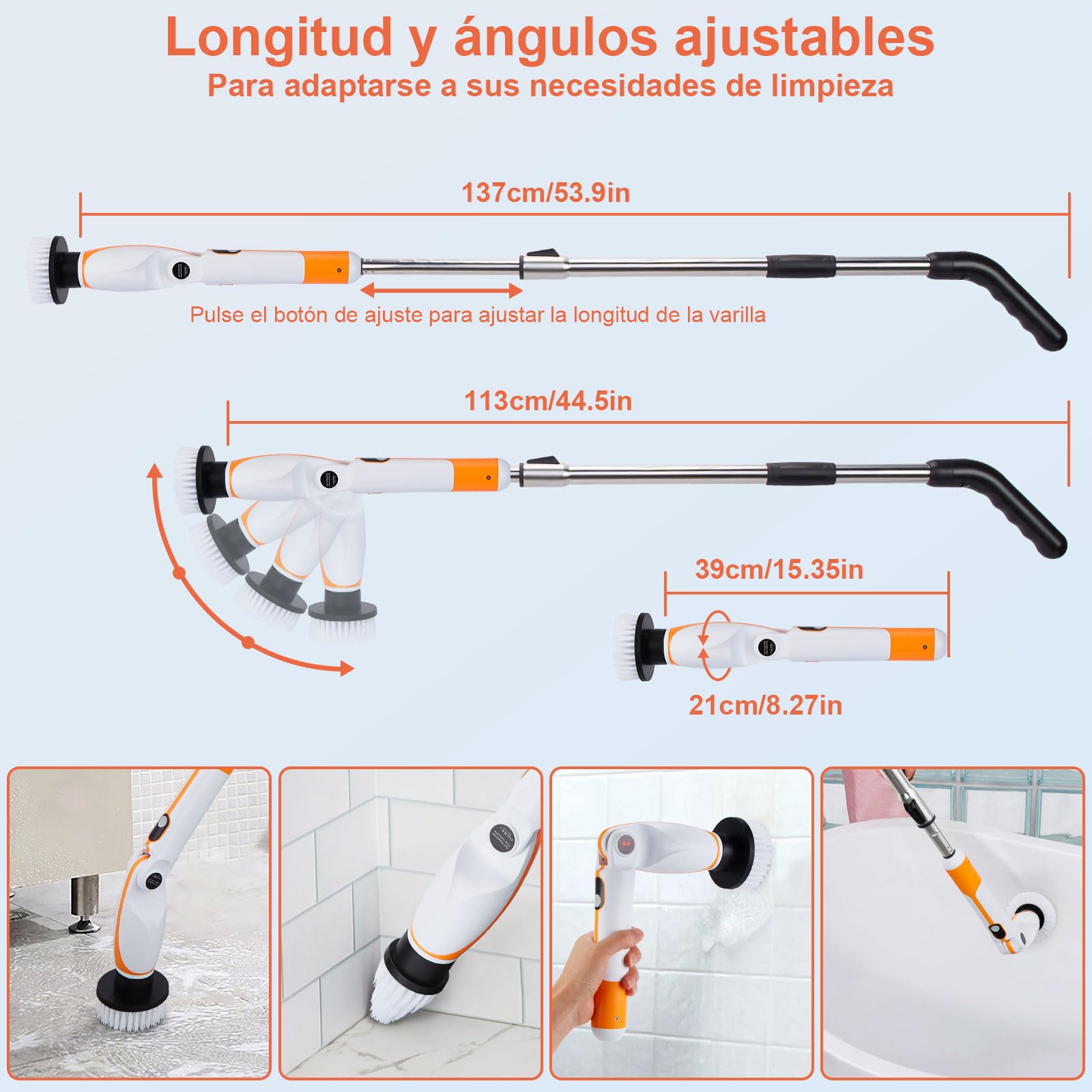 Cepillo Eléctrico Limpieza hogar Kit - Mango Extensible, 4 Ángulos, 11 Cabezales. para Ducha, Bañera, Azulejos. Batería Duradera