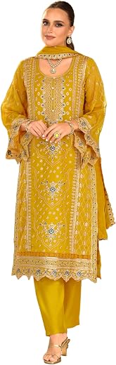 INDO ERA Women's Organza Ethnic Motifs Solid Straight Kurta &amp; Pant with Dupatta Set (IEOUT11773)