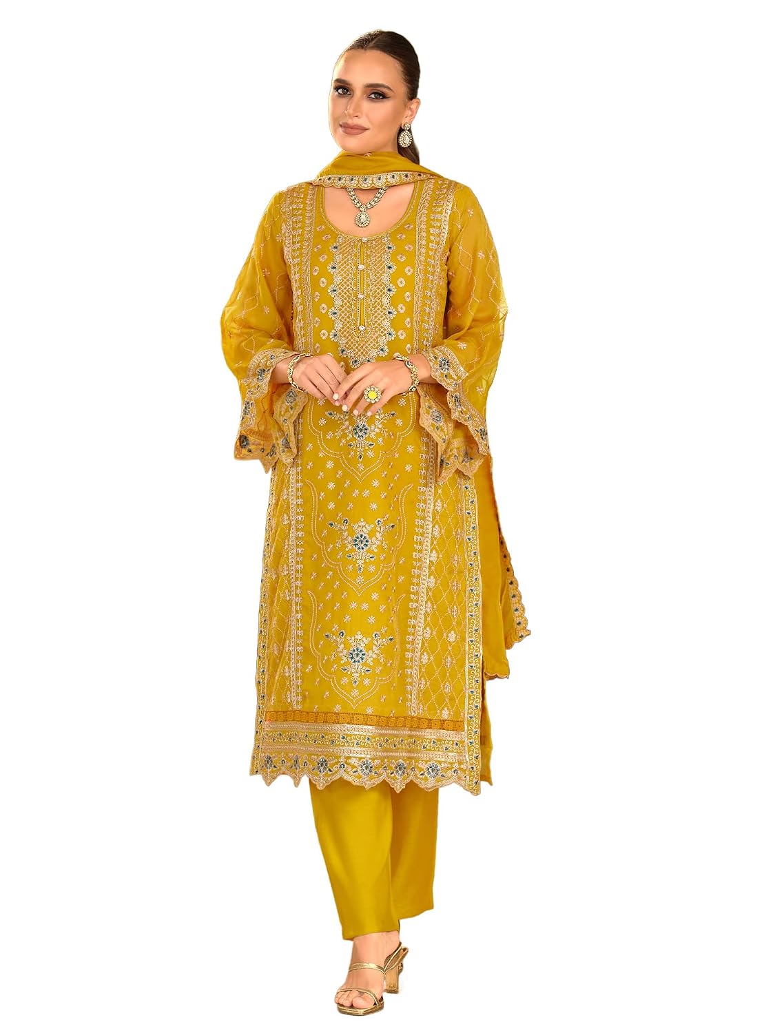 INDO ERA Women's Organza Ethnic Motifs Solid Straight Kurta & Pant with Dupatta Set (IEOUT11773) - Review, Price and Buying Guide