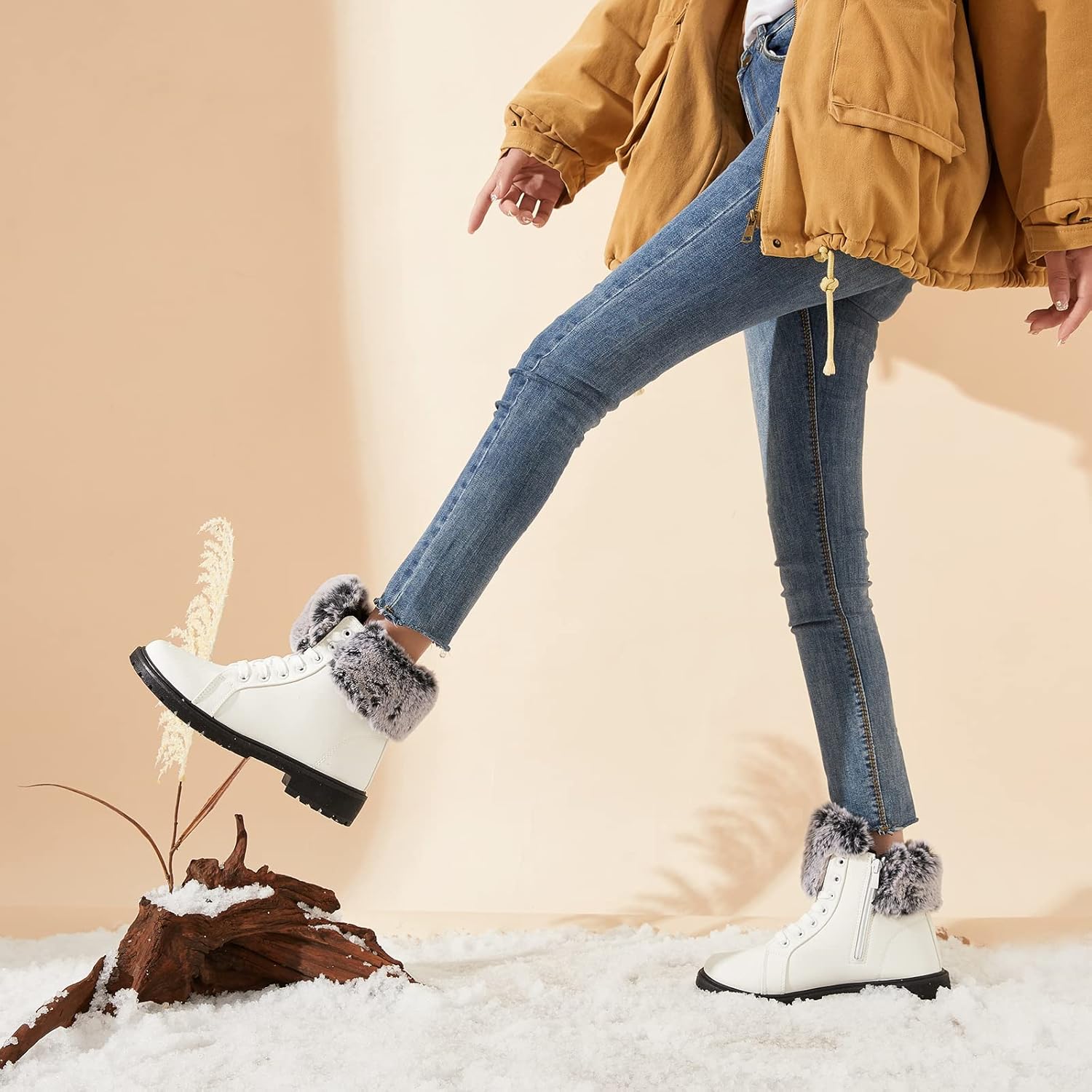 yegeyan Womens Snow Boots PU Winter Ankle Booties Fur Lined Anti-Slip Combat Boots - Image 2