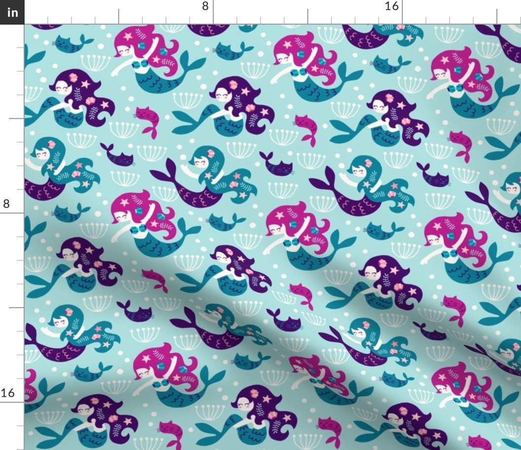 Spoonflower Fabric - Mermaids Purple Mermaid Cats Ocean Starfish Swimming Fish Shells Printed on Petal Signature Cotton Fabric by The Yard - Sewing Quilting Apparel Crafts Decor