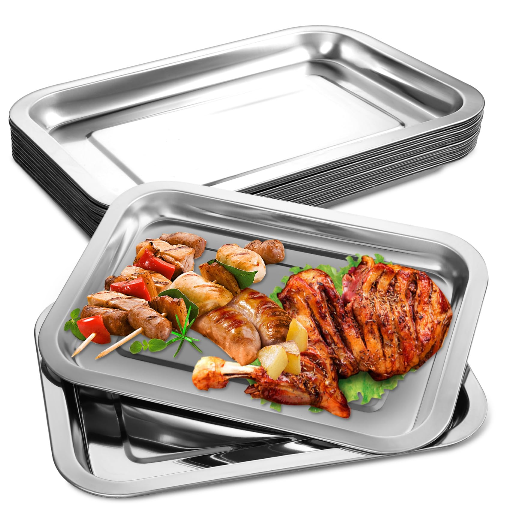 10 Stück Silberne Backbleche aus 201 Edelstahl Antihaftbeschichtet und Wiederverwendbar 0,6mm für Backofen Grill und Picknick