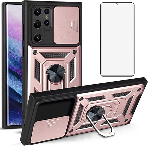 Miniatura 1 de Asuwish Funda de teléfono para Samsung Galaxy S22 Ultra 5G con cubierta deslizante para cámara y protector de pantalla de vidrio templado, soporte