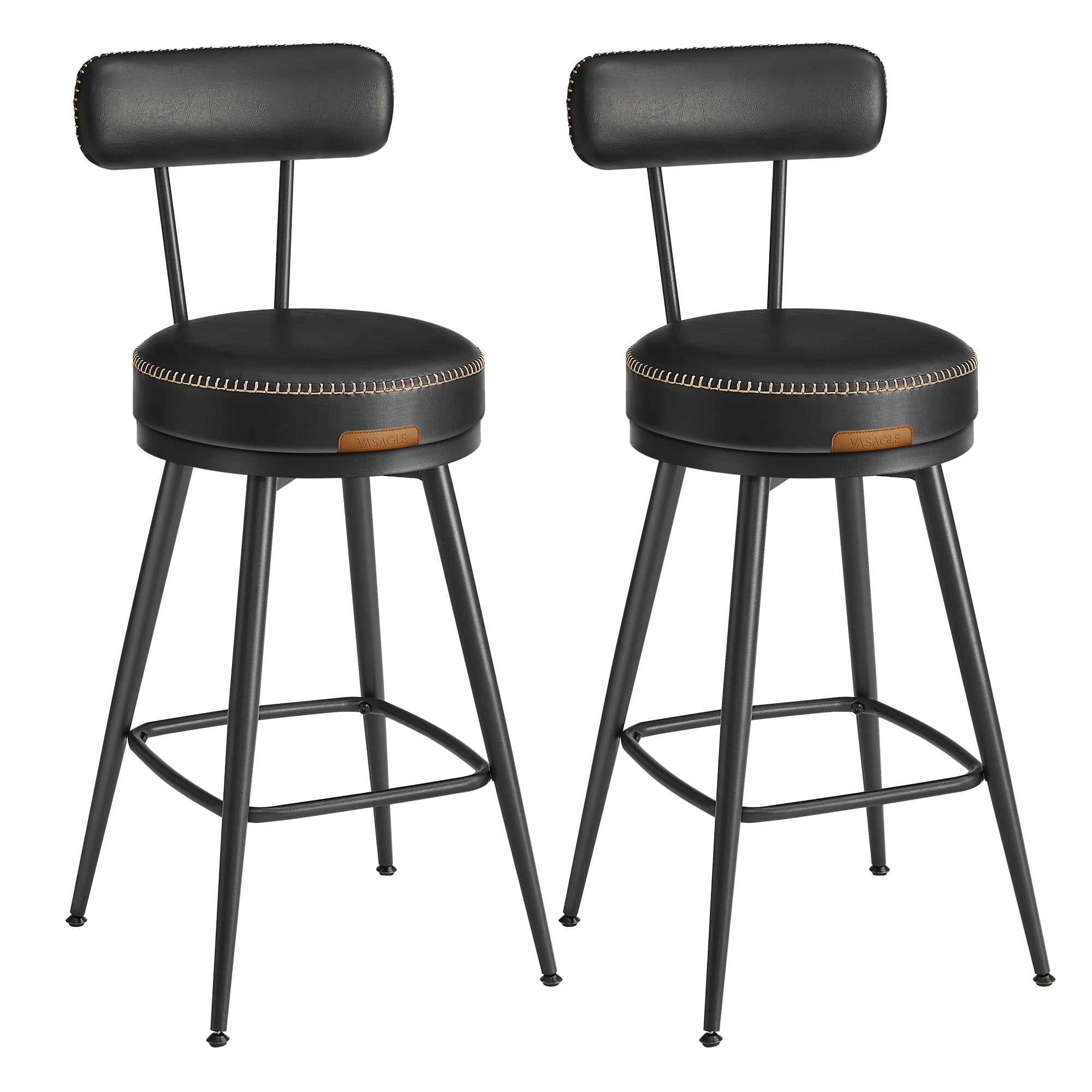 VASAGLE EKHO Colección - Taburetes de Bar Giratorias 360°, Juego de 2, Sillas de Barra con Respaldo, Cuero Sintético con Costuras, Moderno Siglo Medio, Altura 65 cm, Negro Tinta LBC089B01V2