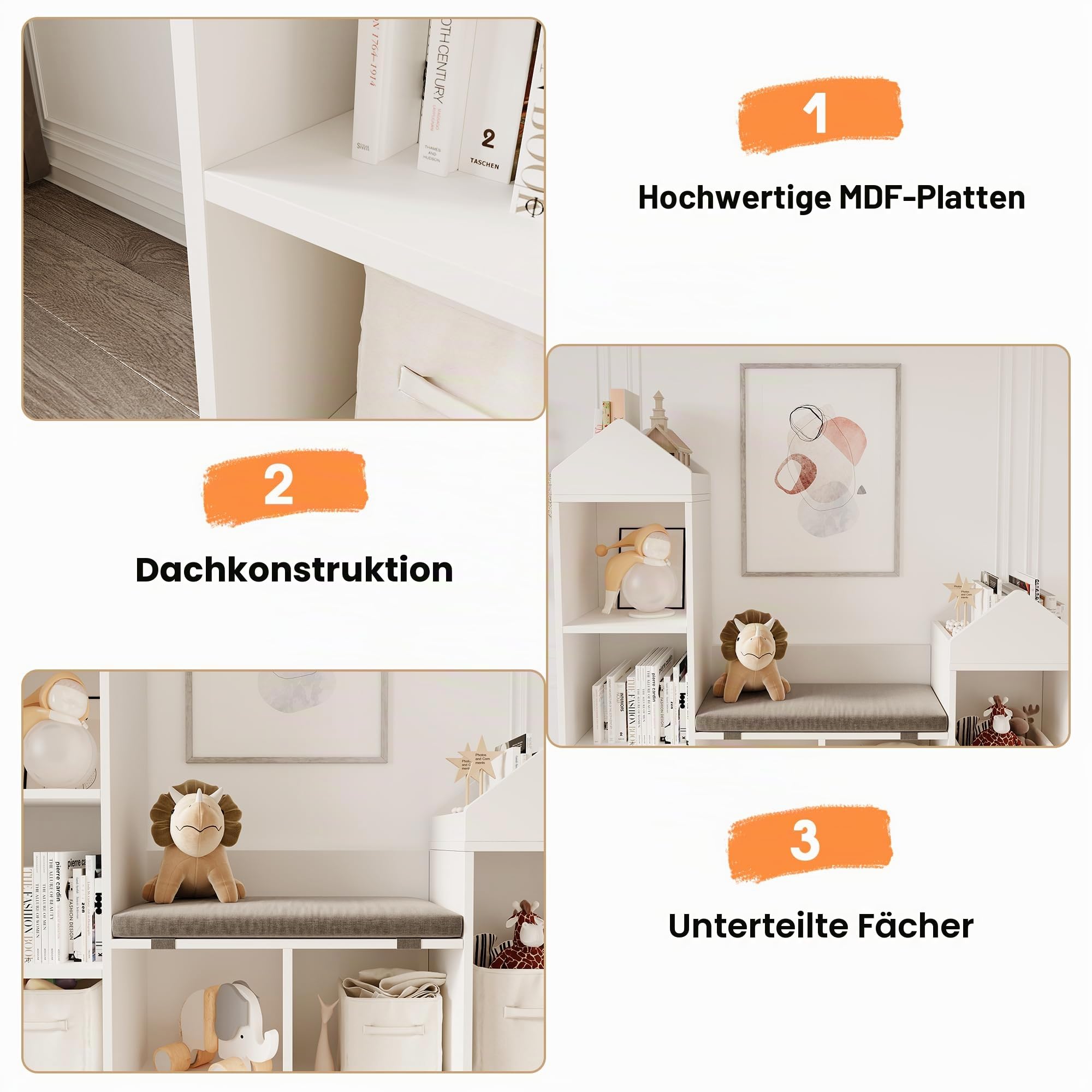 Kinderregal, Bücherregal Kinder aus Holz mit Kissen und 6 Ablagefächern, Spielzeugregal Aufbewahrung für Kinderzimmer, Spielzimmer, Kindergärten, 122 x 30 x 108 cm, Weiß