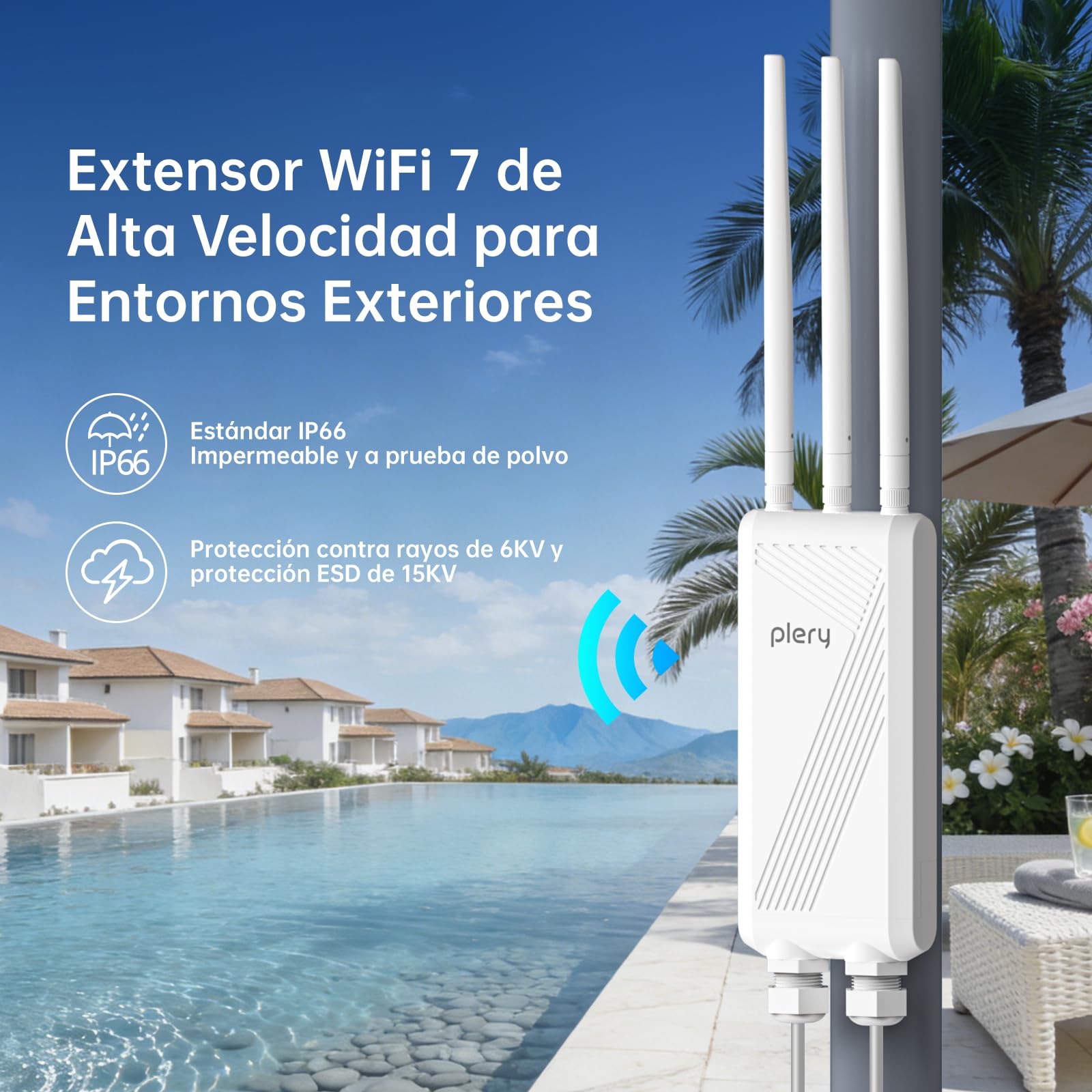 BE3600 Repetidor WiFi Exterior, Amplificador de señal WiFi 7 | Doble Banda | 3 Antenas de Alta Ganancia | IP66 | PoE | WPA3 | Puertos Gigabit para Granjas, Jardines y Aparcamientos