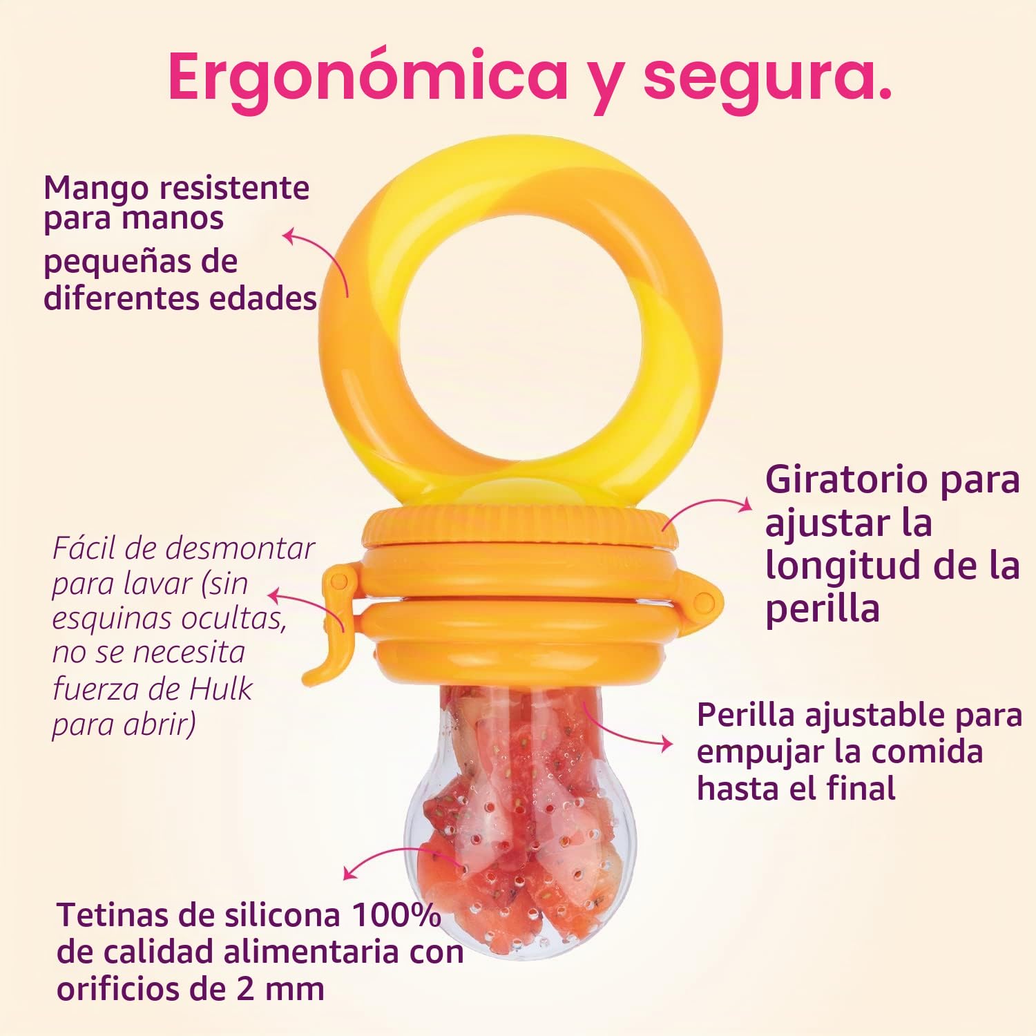 Chupete fruta bebe de NatureBond (2 piezas), mordedores bebes | Además incluye bolsitas de silicona de todos los tamaños (Rosa y amarilla)