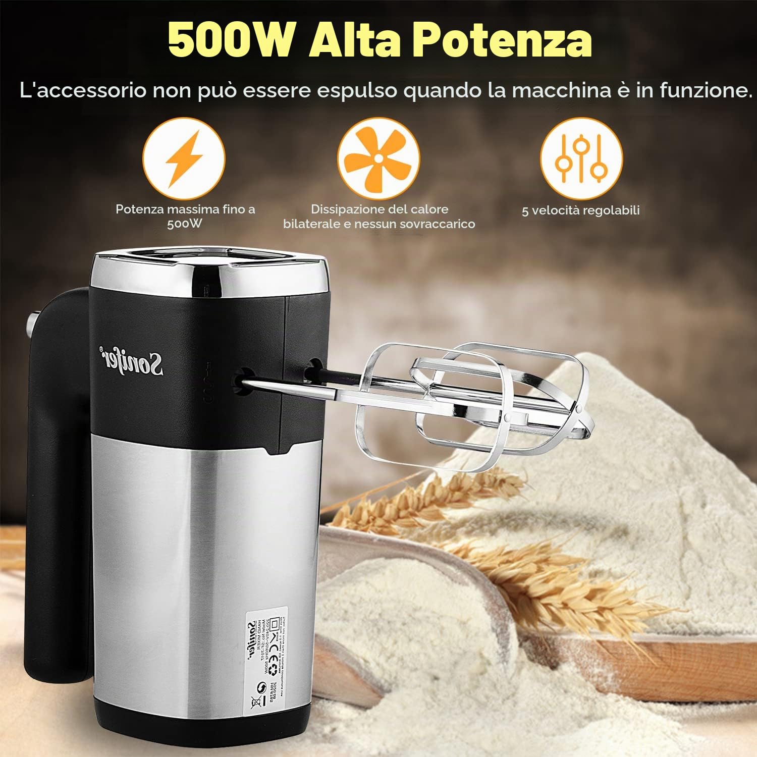 Sonifer Frullatore a mano in acciaio inox, 500 W, miscelatore elettrico, 5 livelli più turbo, design pulsante di espulsione, lavabile in lavastoviglie, 2 ganci, 2 fruste, 1 base
