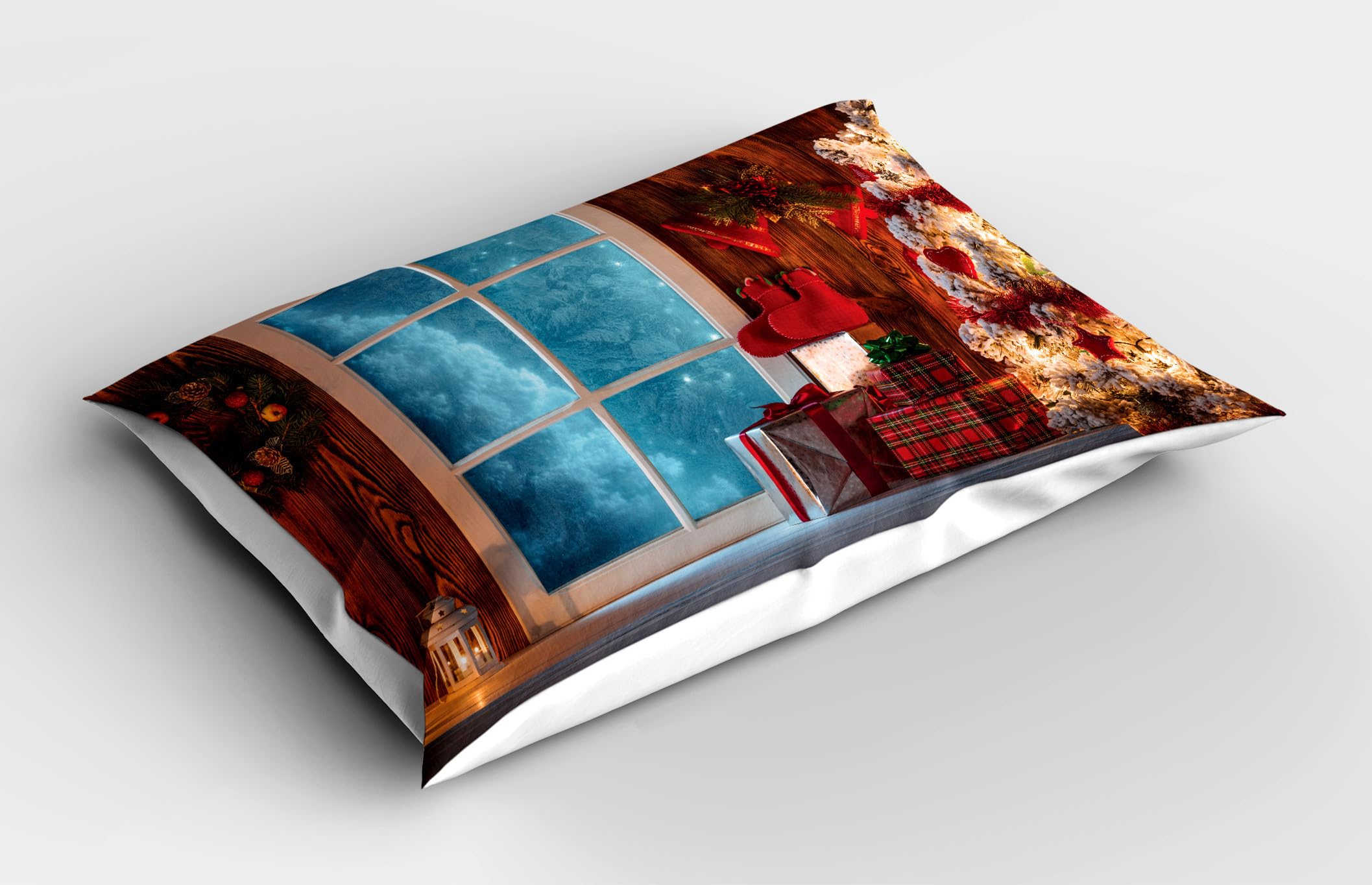 Ambesonne Christmas Pillow Sham Set of 2, Xmas Scenery in House with Frozen Window Traditional Annual Design, Quality Microfiber Bedding Item for All Seasons, 26