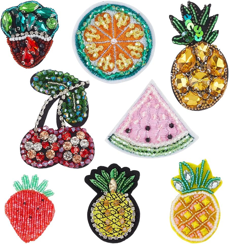 PH PandaHall 8 Styles Fruit Beaded Patches Pineapple Strawberry Sew on Patches Watermelon Cherry Applique Patch Rhinestone Embroidered Patch for Clothes Sewing Dress Hat Shoes Bag DIY Craft Decor