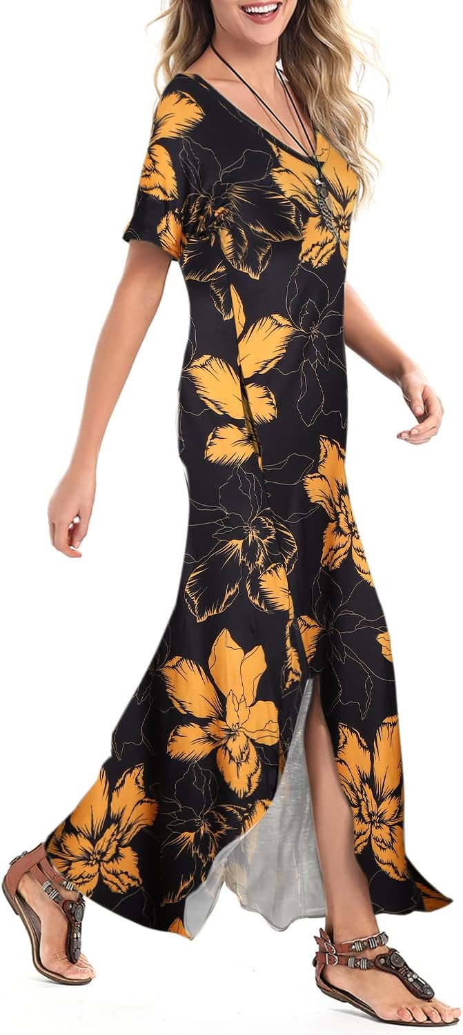 Arolina Women Summer Maxi Dress Short Sleeve V Neck Casual Loose Long Split Dresses Beach Vacation Sundress with Pockets - Image 4