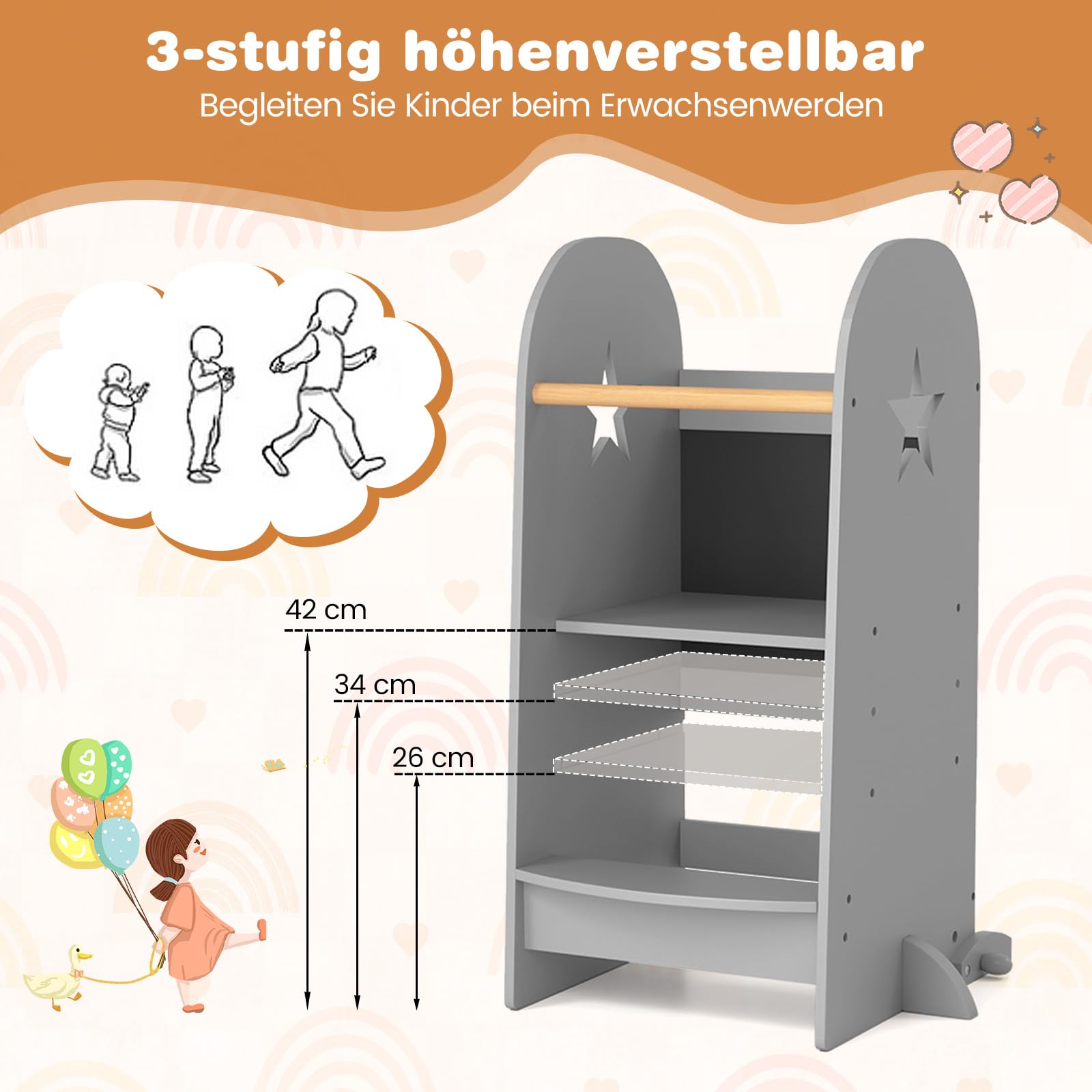 COSTWAY 3 in 1 Lernturm Kinder, Tritthocker mit 3 verstellbaren Höhen & doppelseitiger Tafel, Trittschemel Montessori, Küchenhelfer Lernstuhl für Kinder, 90 kg Belastbar, Grau