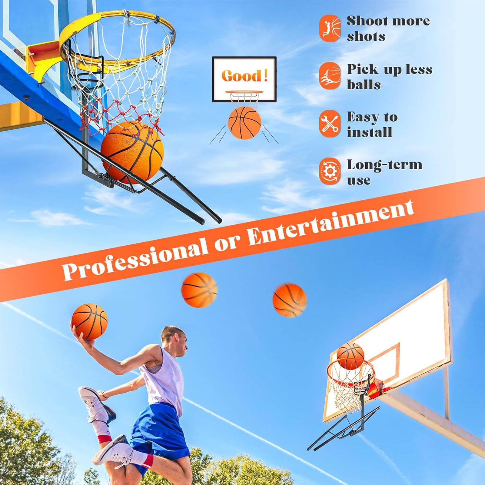 Bewinner Basketball-Return-Aufsatz, Stabile Basketball-Return-Trainingshilfe aus Metall, Einfache Installation, Robustes Basketball-Zubehör für Training und -Schießübungen