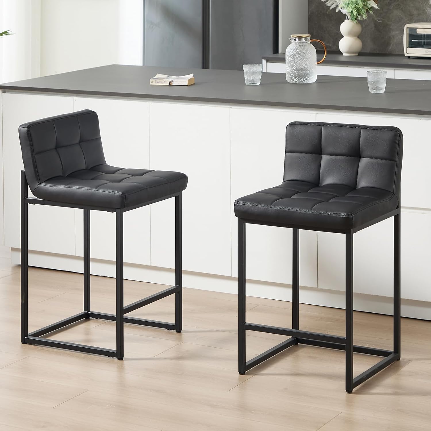 Counter Height Bar Stools Set of 2, 24" Faux Leather Modern Barstools with Low Back and Metal Legs Footrest, Upholstered Bar Chairs for Kitchen Island, Bar, Counter,Black