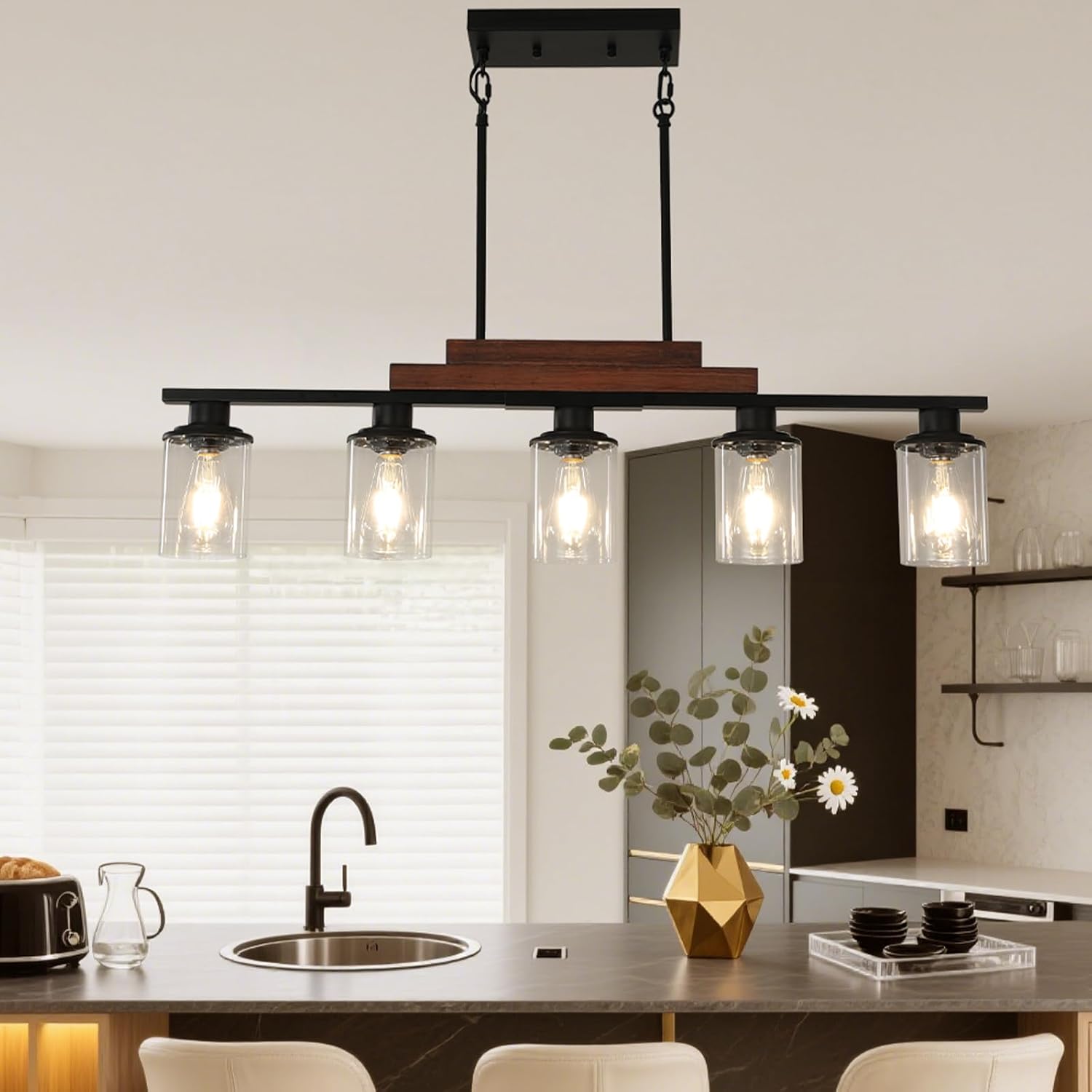 37" inch 5-Light Kitchen Island Lighting,Black Modern Rustic Wood Ceiling Pendant Light Fixtures, with Clear Glass Shade, Dining Room Light Fixture/Chandelier Over Table