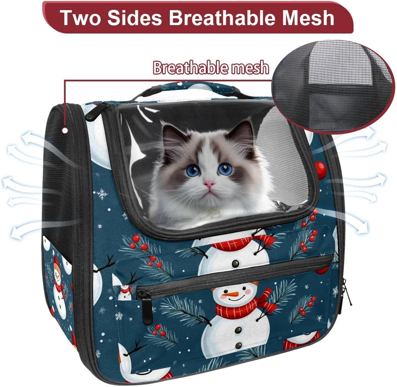Merry Christmas Snowman Pet Carrier Airline Approved Soft Sided Portable Cozy Travel Pet Bag, Car Seat Safe Carrier for Cats and Dogs