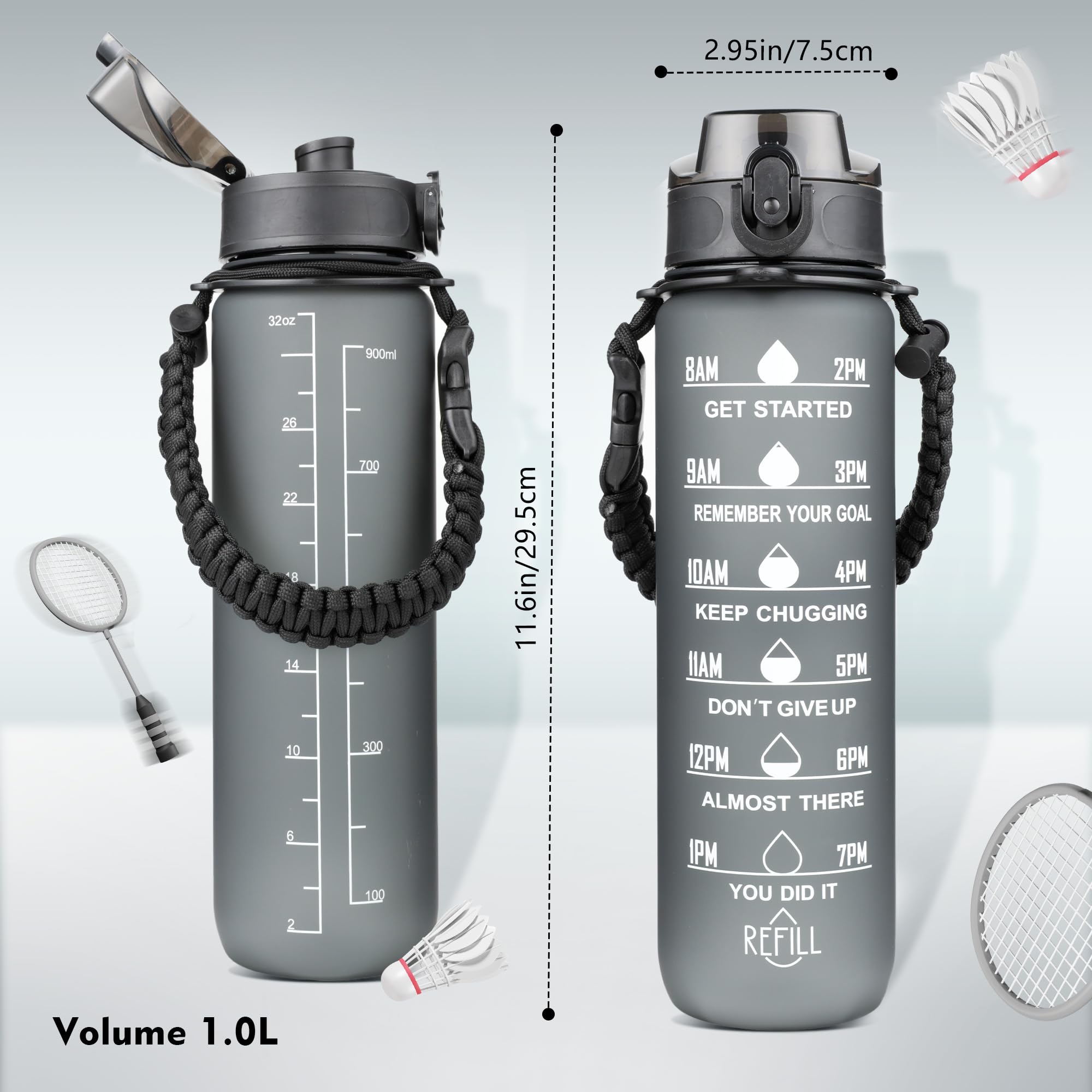 AiQInu Borraccia 1 Litro con Indicatore di Tempo e senza BPA, Aprova di Perdite, Chiusura Sicura, Cavo per Ombrello e Manico per il Trasporto Intrecciato per Palestra, Fitness e Outdoor