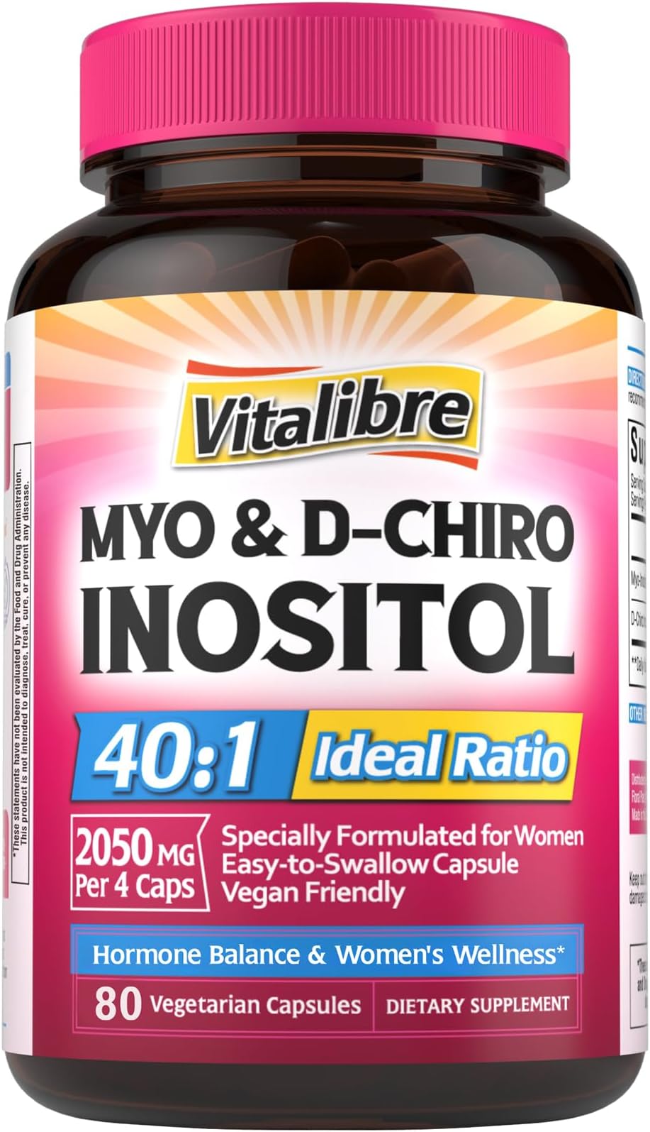 Inositol Supplement, Myo-Inositol & D-Chiro Inositol Supplements for Women, 40:1 Ideal Ratio, Hormone Balance and Women’s Wellness, 80 Vegan Capsules