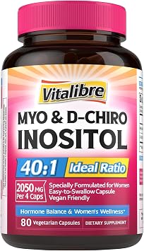 Vitalibre Inositol Supplement, Myo-Inositol & D-Chiro Inositol Supplements for Women, 401 Ideal Ratio, Hormone Balance and Womens Wellness, 80 Vegan Capsules