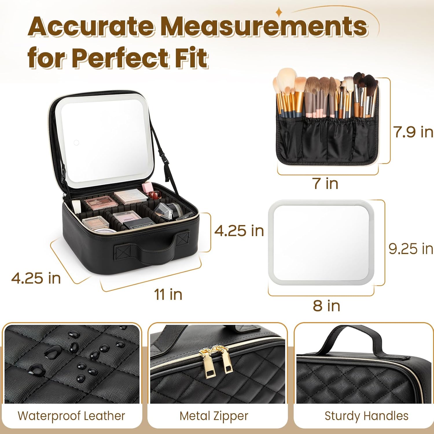 Travel Makeup Bag with LED Mirror, Leather Cosmetic Train Cases with Adjustable Dividers, Makeup Organizer with Makeup Brush Storage Board for Women, Artist and More