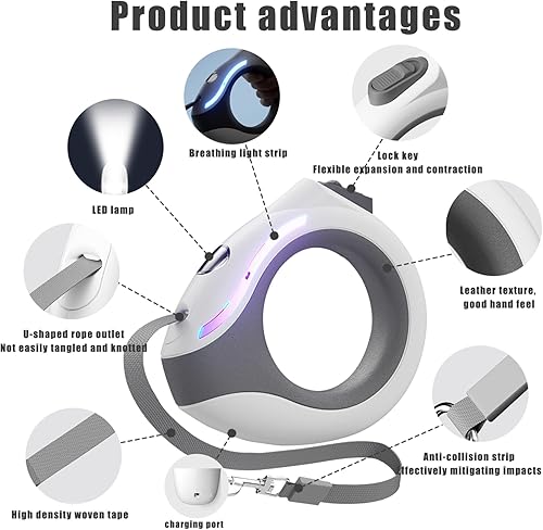 Miniatura 4 de Retractable Dog Leash with Flashlight, Rechargeable 118in Round Handle with Lock, Ergonomic Breathing Light, for Small and Medium Dogs, Dog Leashes