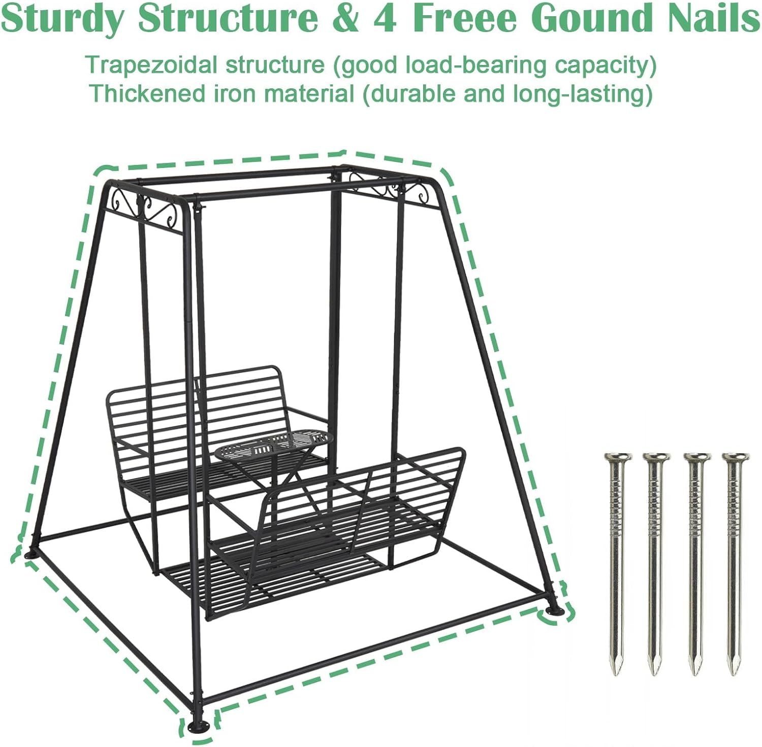 kinbor 4-Seat Patio Swing Chair - Patio Swing Chair with Stand, Heavy Duty Metal Frame Outdoor Swing Chair Sets with Backrest ＆ Table for Porch, Poolside, Garden, Backyard (Black, 6.92FT)