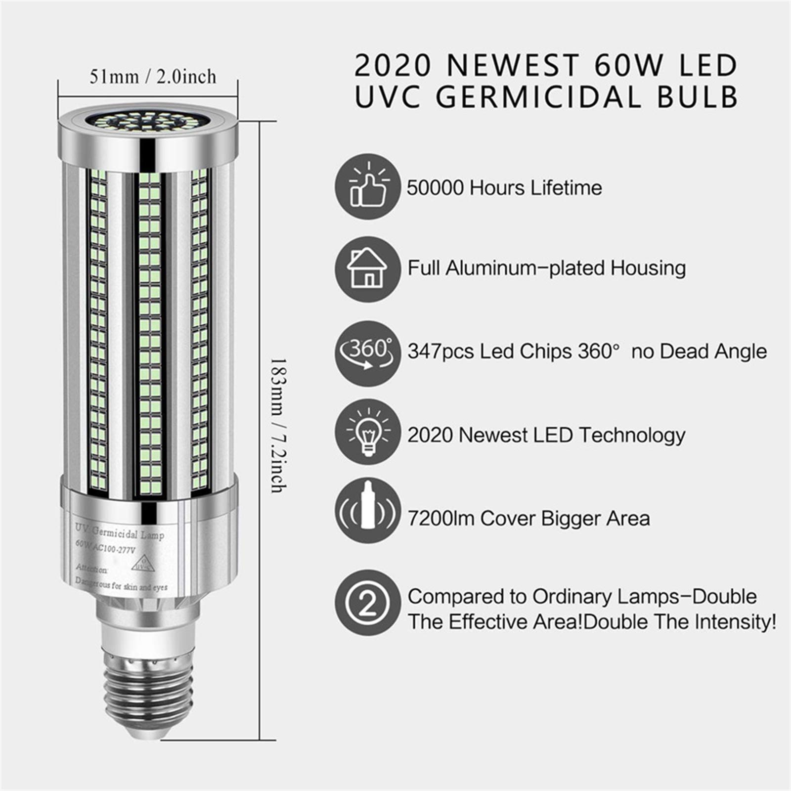 Lámpara germicida UV de 60 W, bombilla LED UVC de base E27, esterilizador de desinfección UVC de ozono bombilla ultravioleta de maíz,Lamp