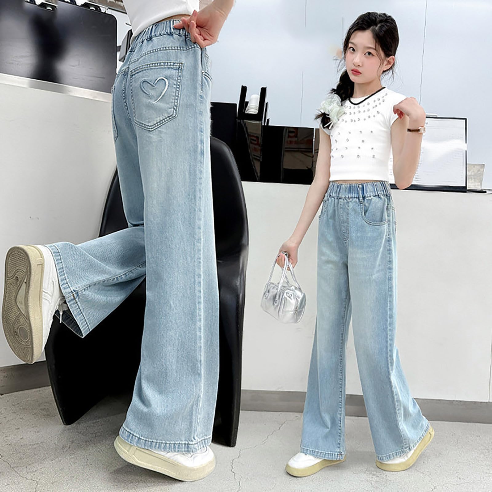 Generico Jeans Bambina 4-15 Anni Baggy Straight Pantaloni Jeans Denim Ragazza con Elastico in Vita Alta Comfort Pantaloni Lavoro Cargo Ampio Invernali con Tasconi Y2K Streetwear