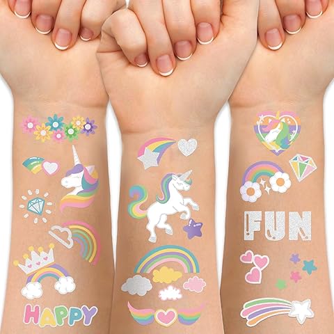 Temporary Tattoo for Kids Unicorn Rainbow Flower Cute-118 Glitter Styles Crown Swan...