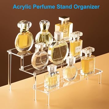 HENABLE Large Acrylic Display Risers, Perfume Stand Organizer, Clear Acrylic Shelf Risers for Display Stands for Food, Tabletop Use, Amiibo Funko POP Figure, 3 Tier Clear Cupcake Stand Risers