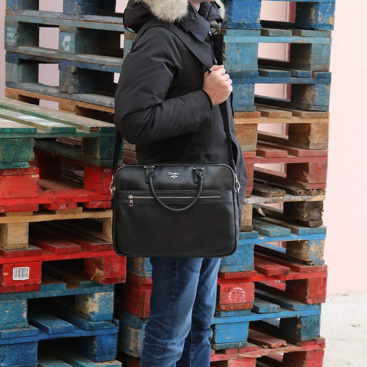 David Jones Sac à Main Business Porte-Documents Homme Simili Cuir PU Cartable Travail Sacoche Ordinateur Portable Mallette Serviette Affaires Professionnel Bandoulière Gris