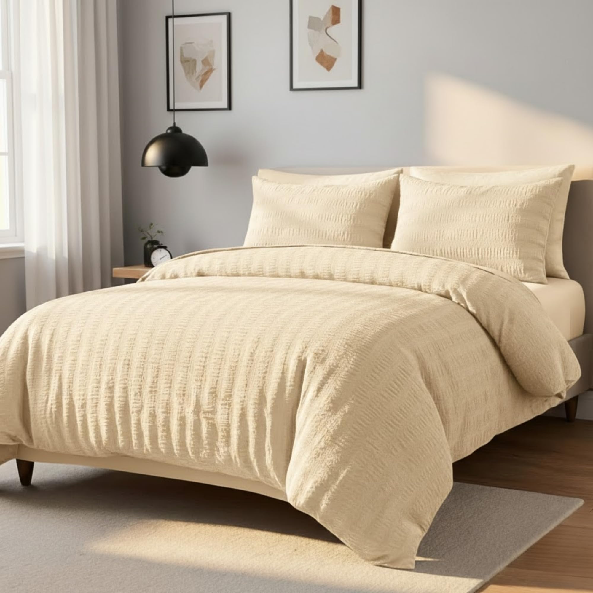 Z&A Homz Z&A Bedding Super King Seersucker Duvet Cover Cream - Breathable & Washable Comforter with Pillowcases - Luxury Soft Brushed Microfiber Quilt Cover - Easy Care Comforter Set