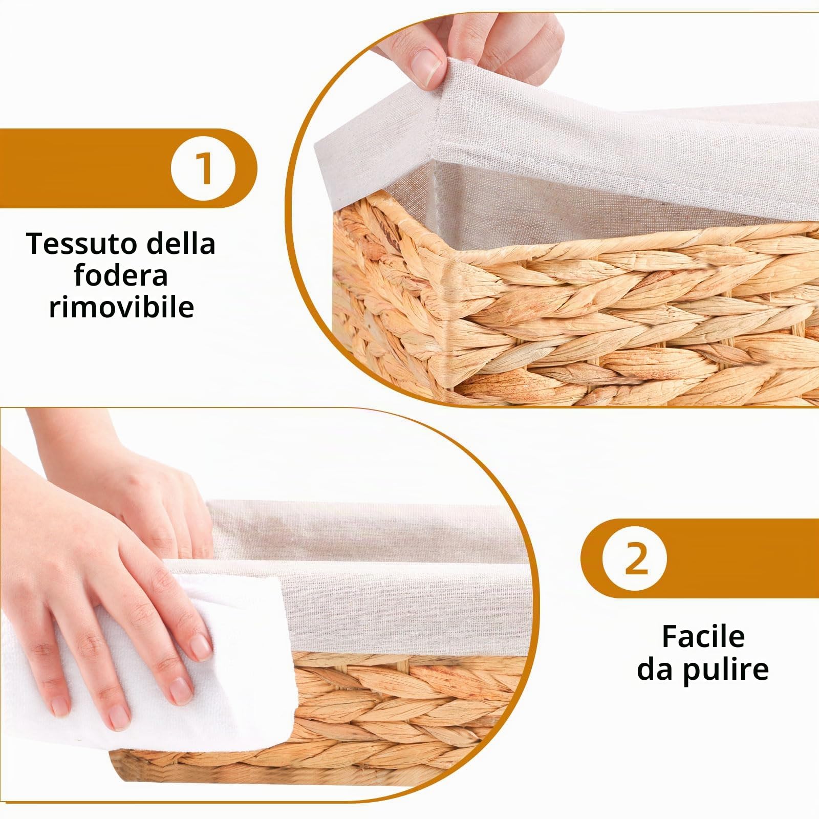 OUTBROS Cestino Portaoggetti Staccabile, Cesto IntrecciatoIn Vimini Foderato, Scatole da Bagno,Organizer Cucina Camera da Letto, 2 Confezioni, Giacinto D'acqua