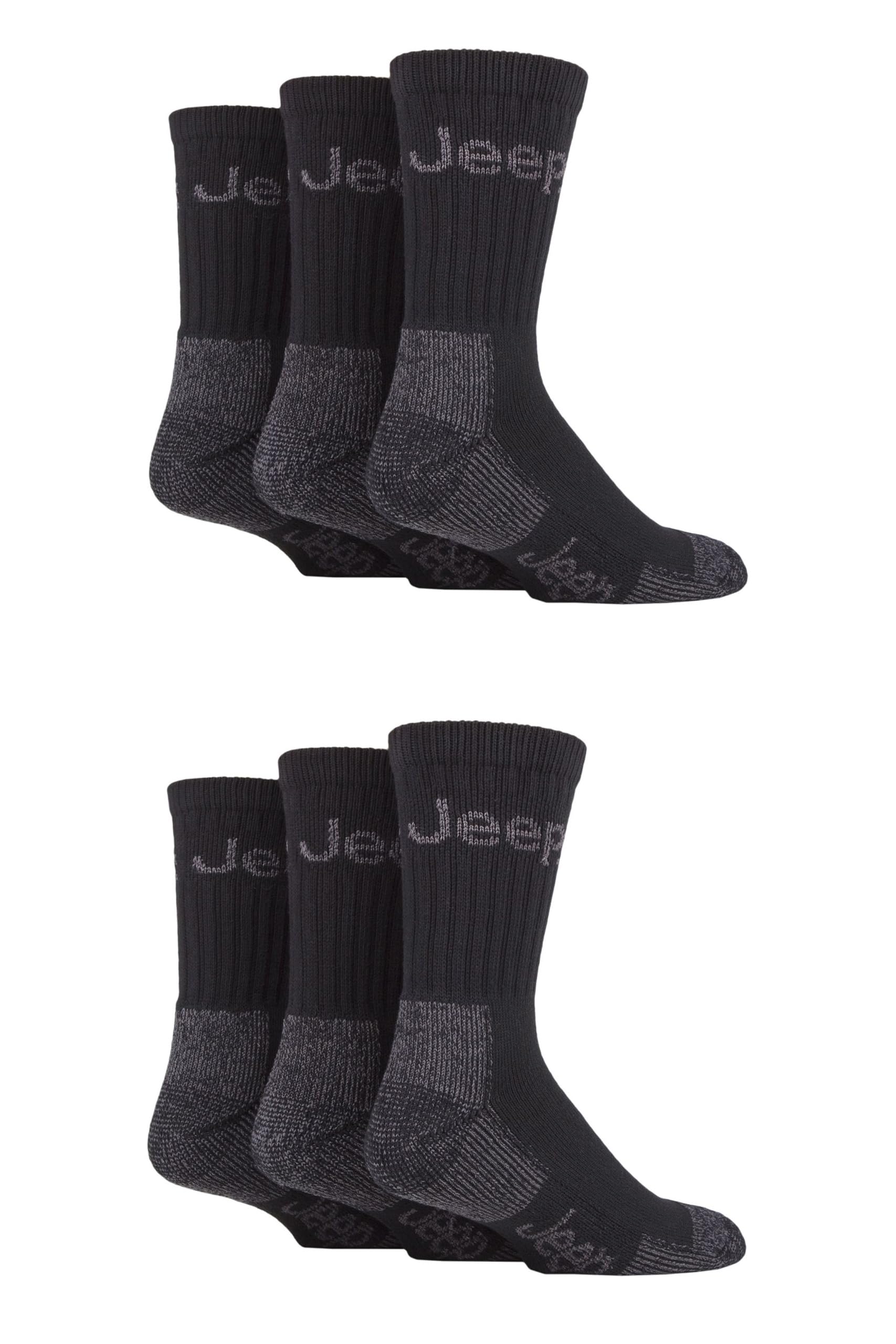 Jeep Men's Black Cotton Boot Socks - Luxury Terrain Calf Length Plain With Logo,Ribbed, Cushioned & Chunky For Walking, Hiking, Trekking & The Outdoors Size 6-11 6 Pair Multipack