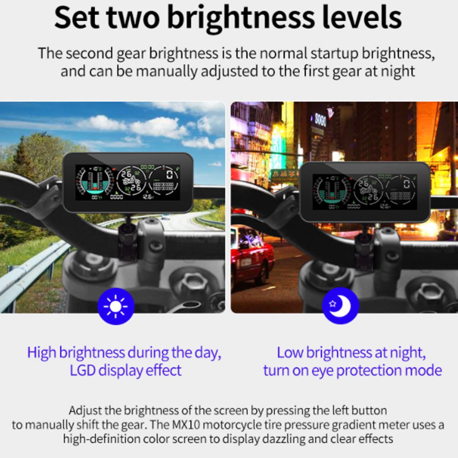 Sistema de control de presión de neumáticos ABS, medidor de gradiente resistente a altas temperaturas, pantalla HUD GPS con 2 sensores TPMS externos para motocicleta
