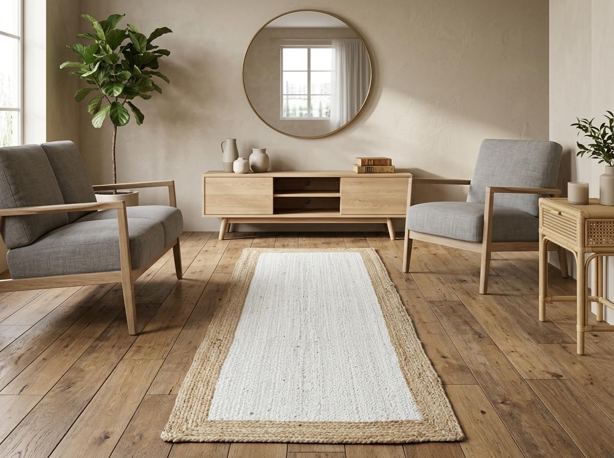 Alfombra de yute trenzada a mano Trademoon alfombra artesanal blanca y natural estilo bohemio