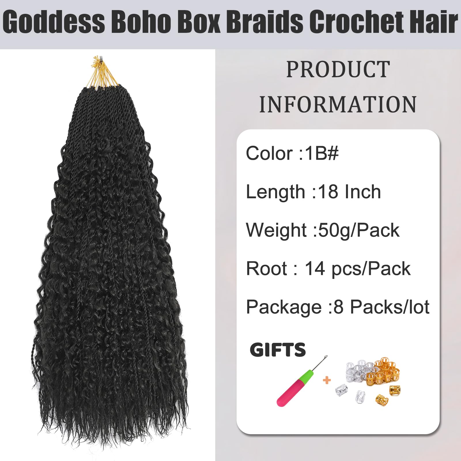 BLTYXT Goddess Boho Box Braids Crochet hair 18 Inch 8 Packs Pre Looped Water Wave Crochet Hair for Women Hair Extension (1B - Image 2