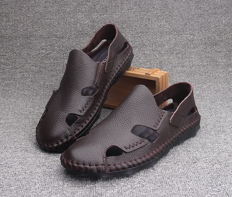 Men Leather Sandals Soft Breathable Hiking Sandals Outdoor Men Casual Slippers Beach Shoes(White-Patch Five-Pointed star4,44 Code)2