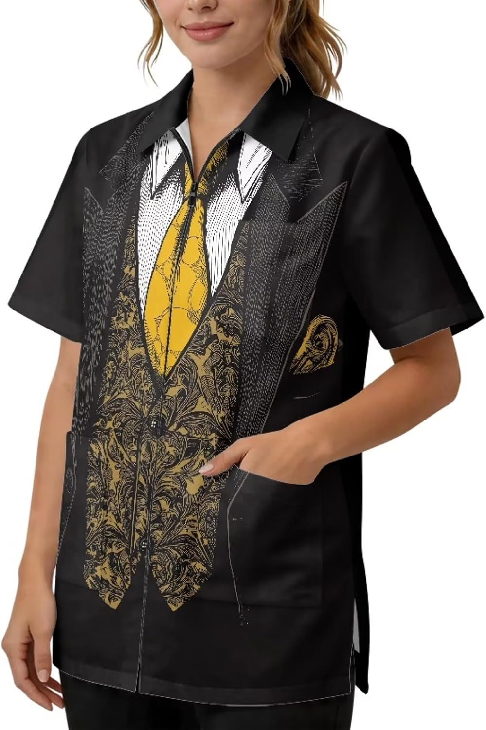 Print Grooming Smock for Women Men 3 Pockets Water & Hair Repellent | Breathable Concealed Full Zipper Hairstylist Barber Jacket Print Pet Grooming Salon Barbershop Hair Salon Hair Studio Uniform