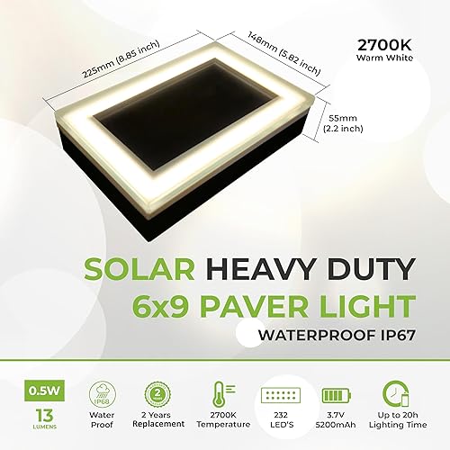 Miniatura 3 de LUMENGY Luz solar para pavimentadora de 6 x 9 pulgadas, 2700 K, hasta 20 horas de iluminación continua, acero inoxidable, vidrio grueso, iluminación