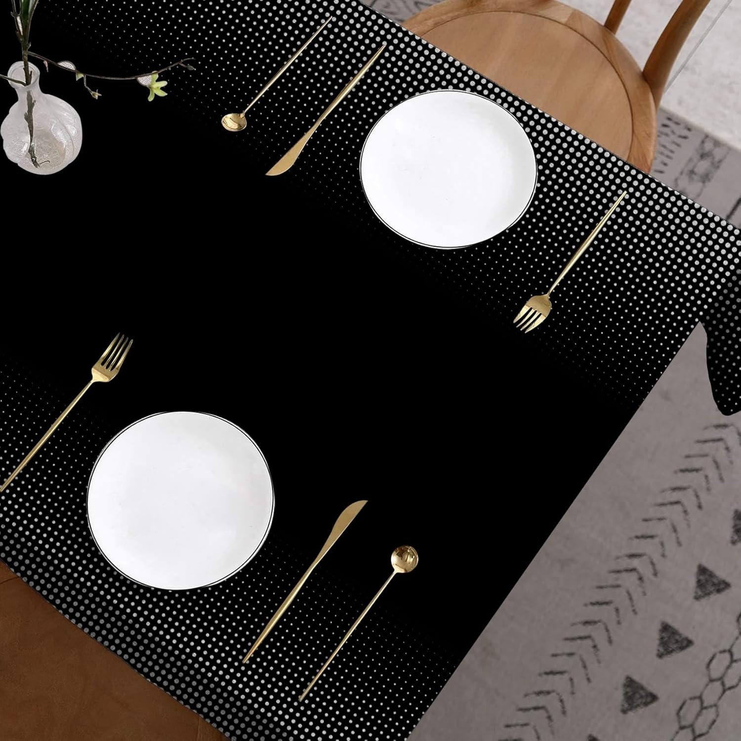 Black White Linen Tablecloth Abstract Silver Dots Geometric Pattern Tablecloth Rectangle for Kitchen Dining Room Patio Modern Minimalist Style Table Cloth Decor, 54x96 Inch