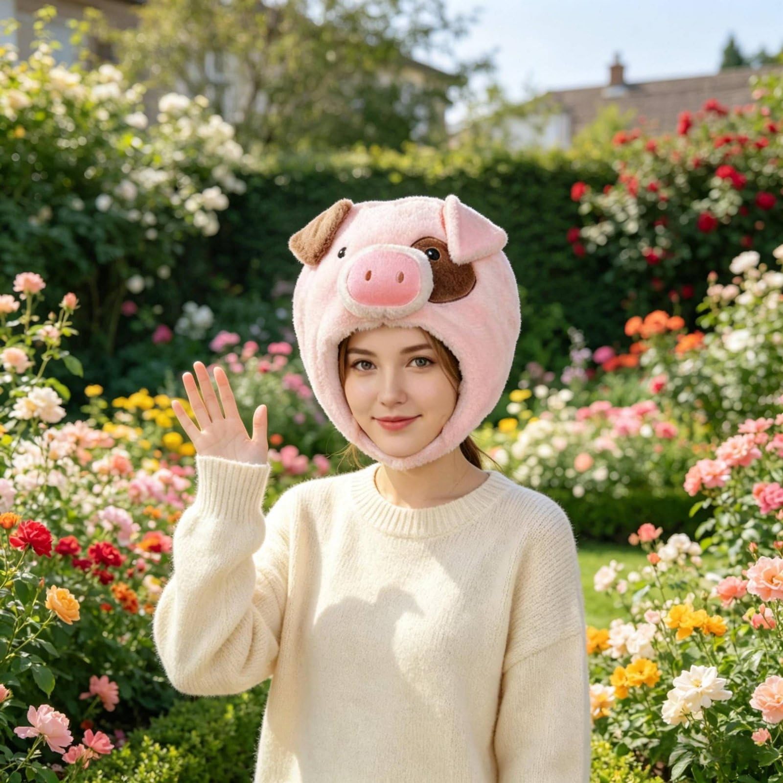 Gorro de Cerdo Rosa de Peluche Sombrero Cabeza de Cerdito de Animal Gorro Disfraz con Calce Mullido y Agradable Felpa Corta y Relleno Pp Adecuado para