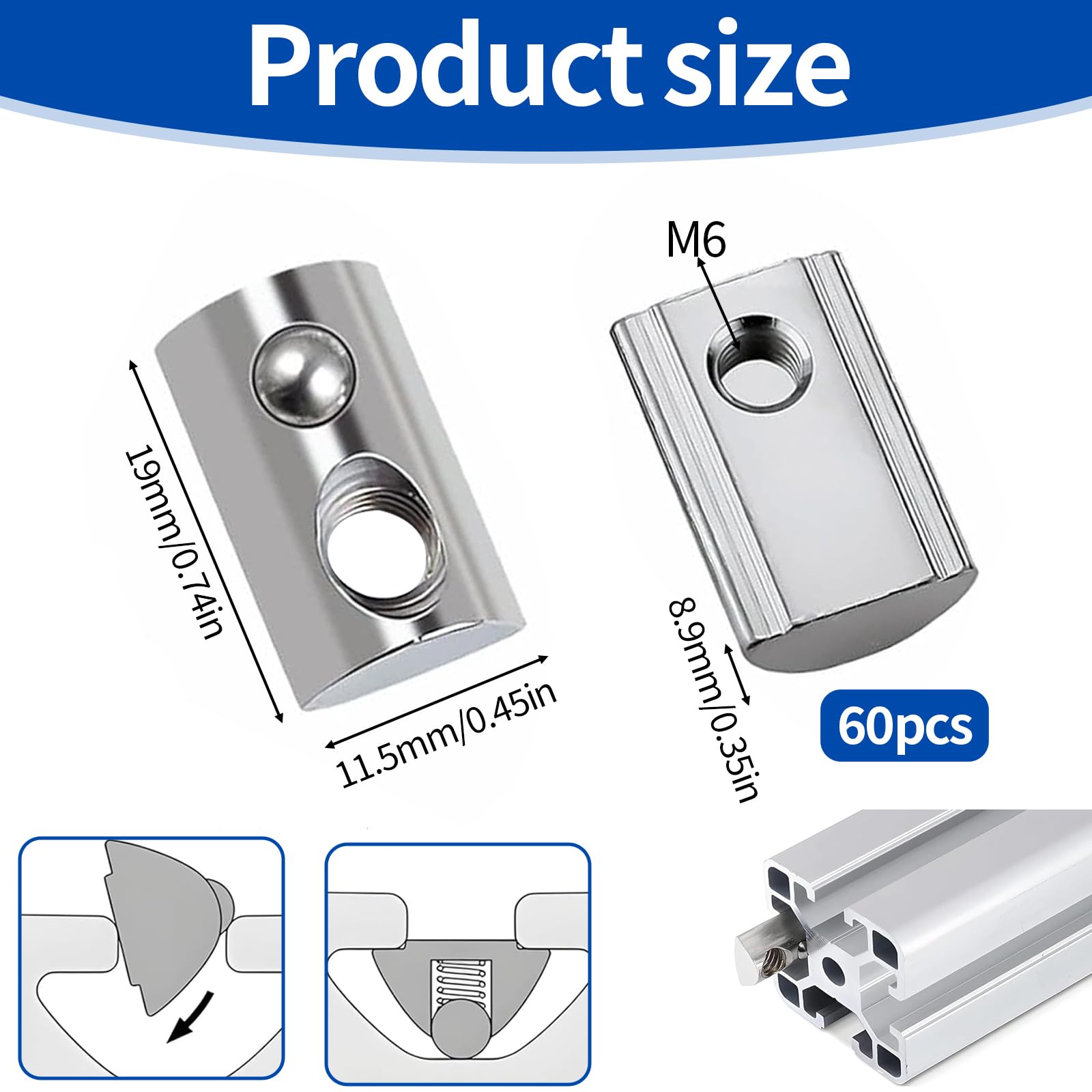 60 sztuk kamieni do rowków M6, nakrętka ślizgowa z kulką centrującą M6, zestaw kamieni do rowków ze stali węglowej do profilu aluminiowego 30 x 30