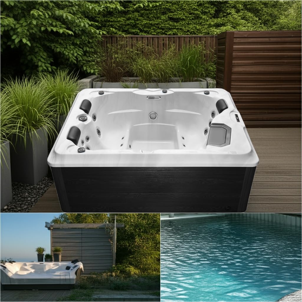 Jet-Line Whirlpool Outdoor Spa Villa Salome mit Balboa oder Gecko Steuerung Hot Tub für Garten Ganzjahrespool mit Heizung LED Verkleidung 2100 x 1600 x 790 mm Grau