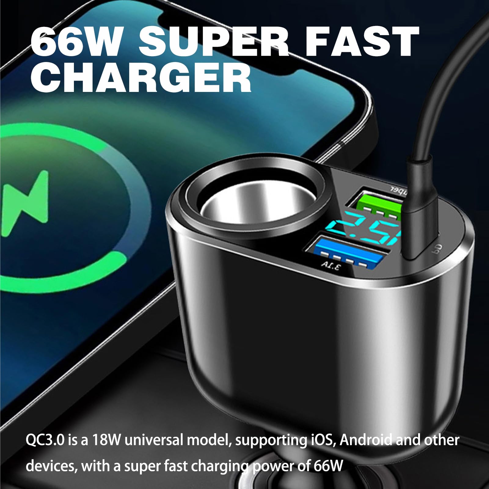 Ładowarka samochodowa 111W USB C, adapter do zapalniczki samochodowej z typem C, szybkie ładowanie 90 W, 66 W Super QC3.0, ładowarka PD 30 W i wbudowany woltomierz LED do samochodów, ciężarówek