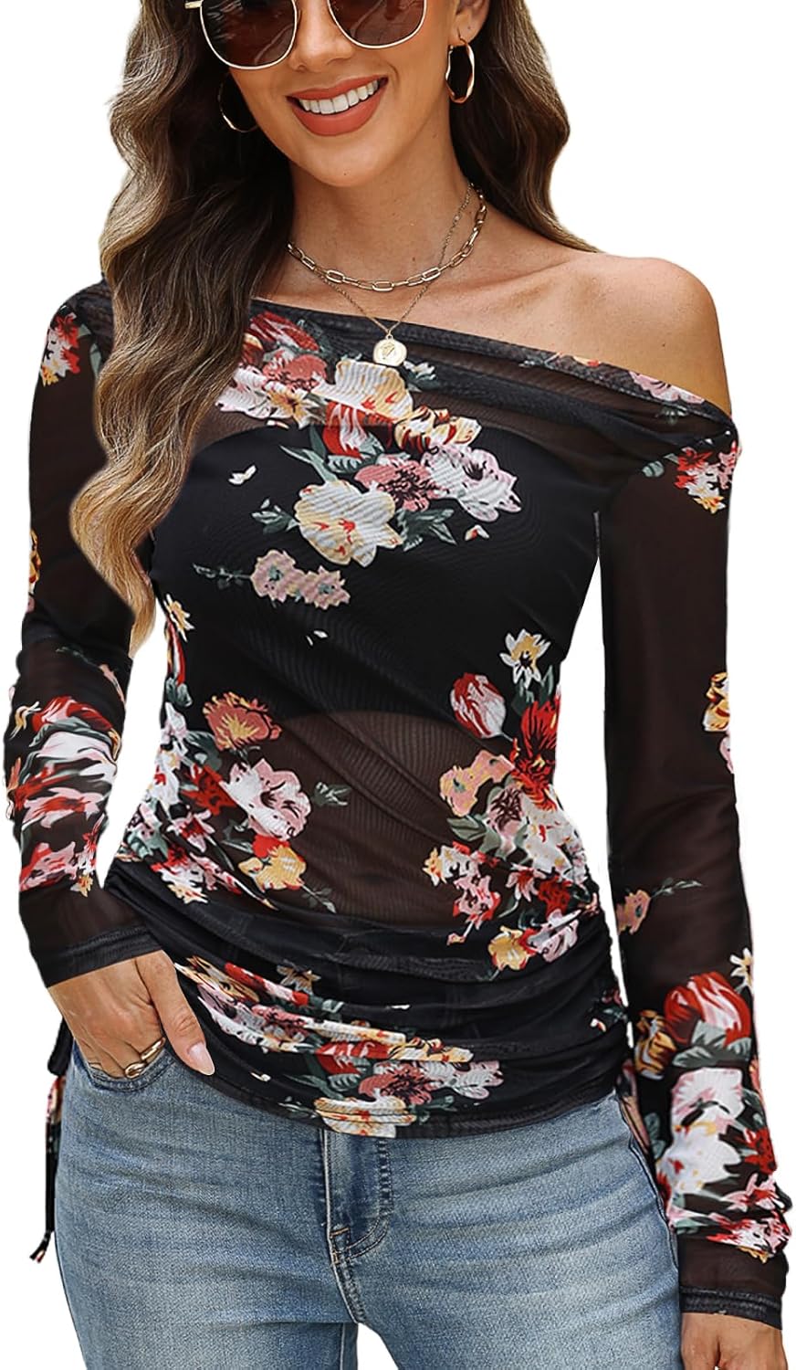 CiCiBird Womens 2025 Fall Off Shoulder Tops Long Sleeve Floral Mesh Shirts Trendy Going Out Outfits
