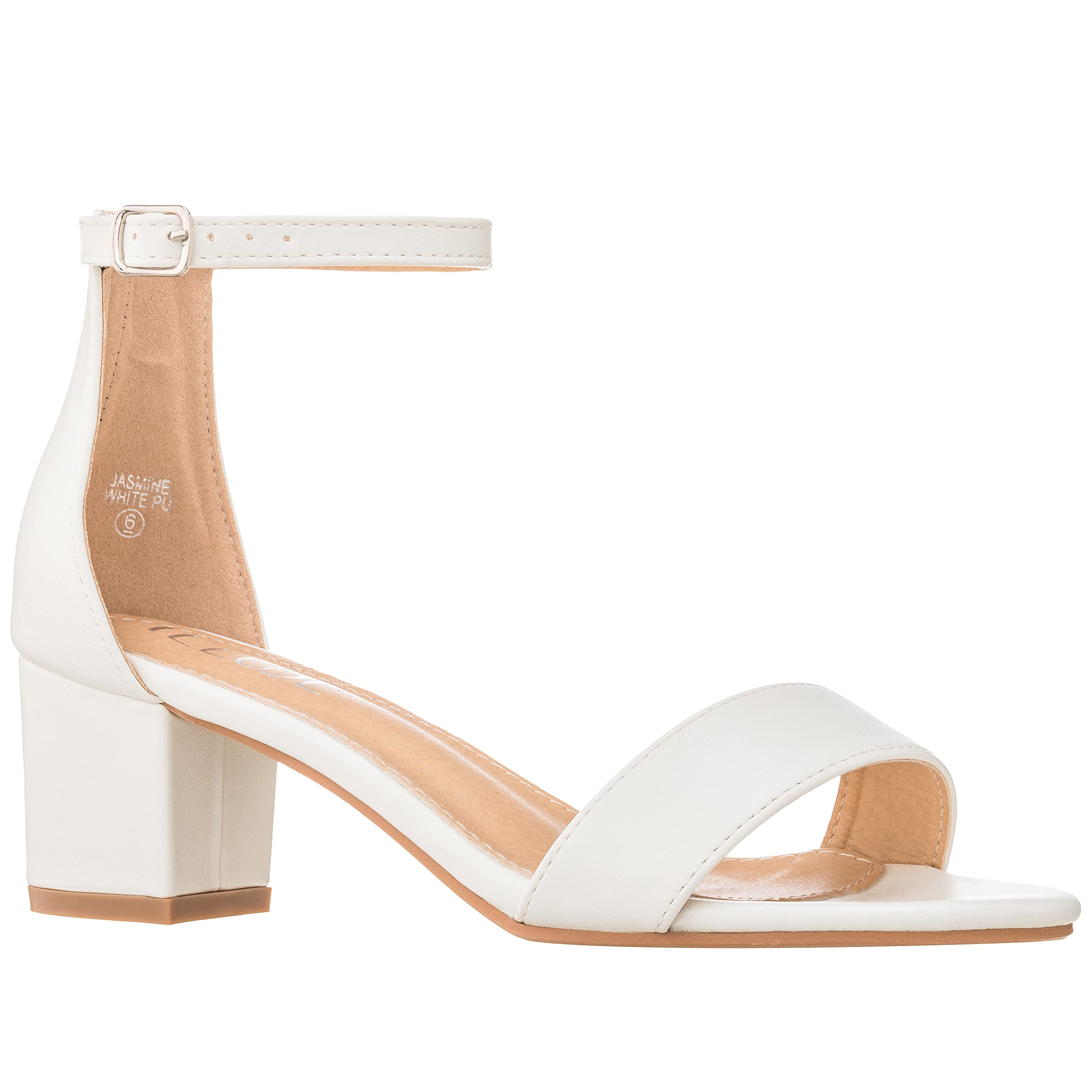 Women’s Fashion Ankle Strap Kitten Heel Sandals Adorable Cute Low Block  Heel – Jasmine, White Pu,