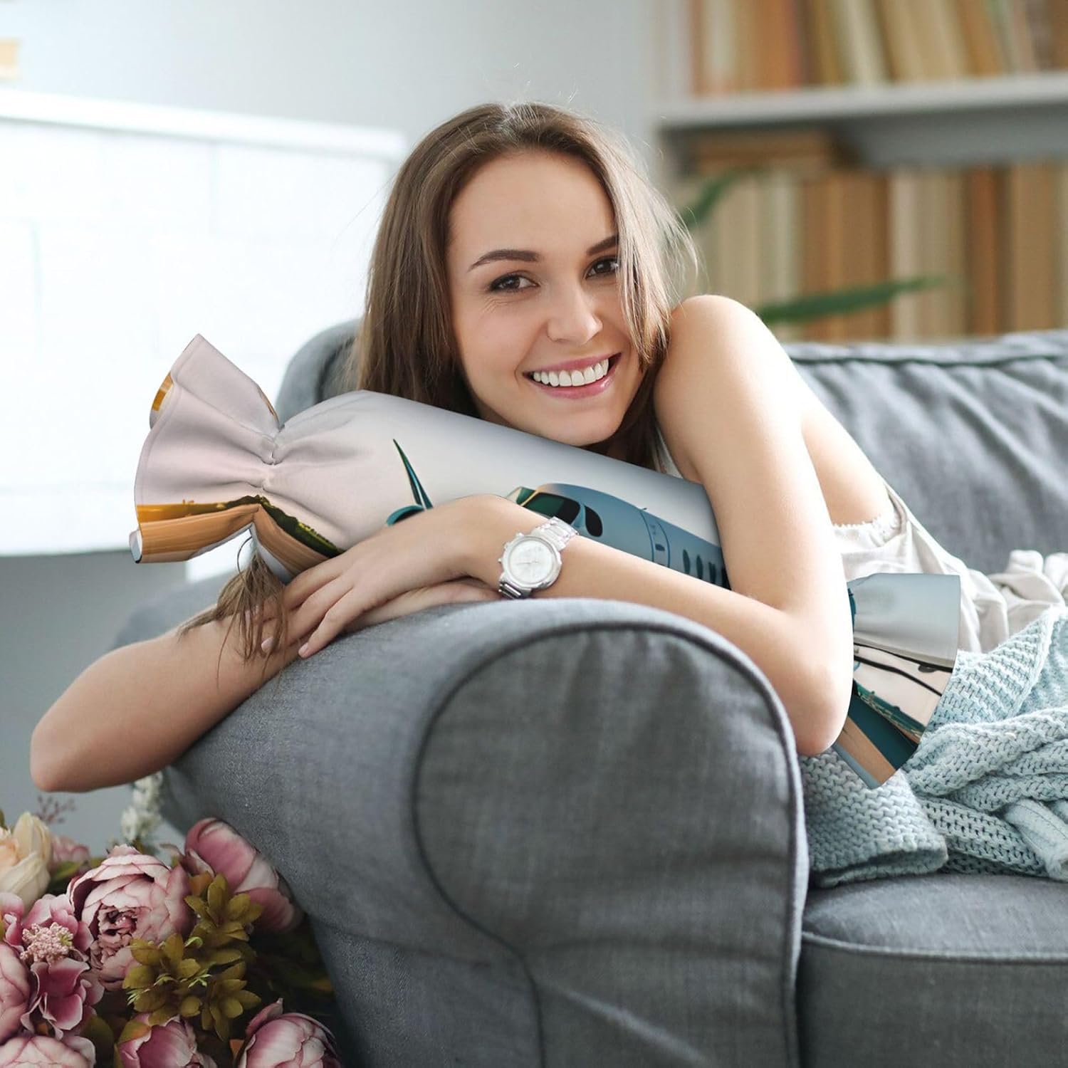 Airplane Print Candy Cylindrical Eco-Friendly Pillow Soft Velvet Living Room Bedroom Travel Decor