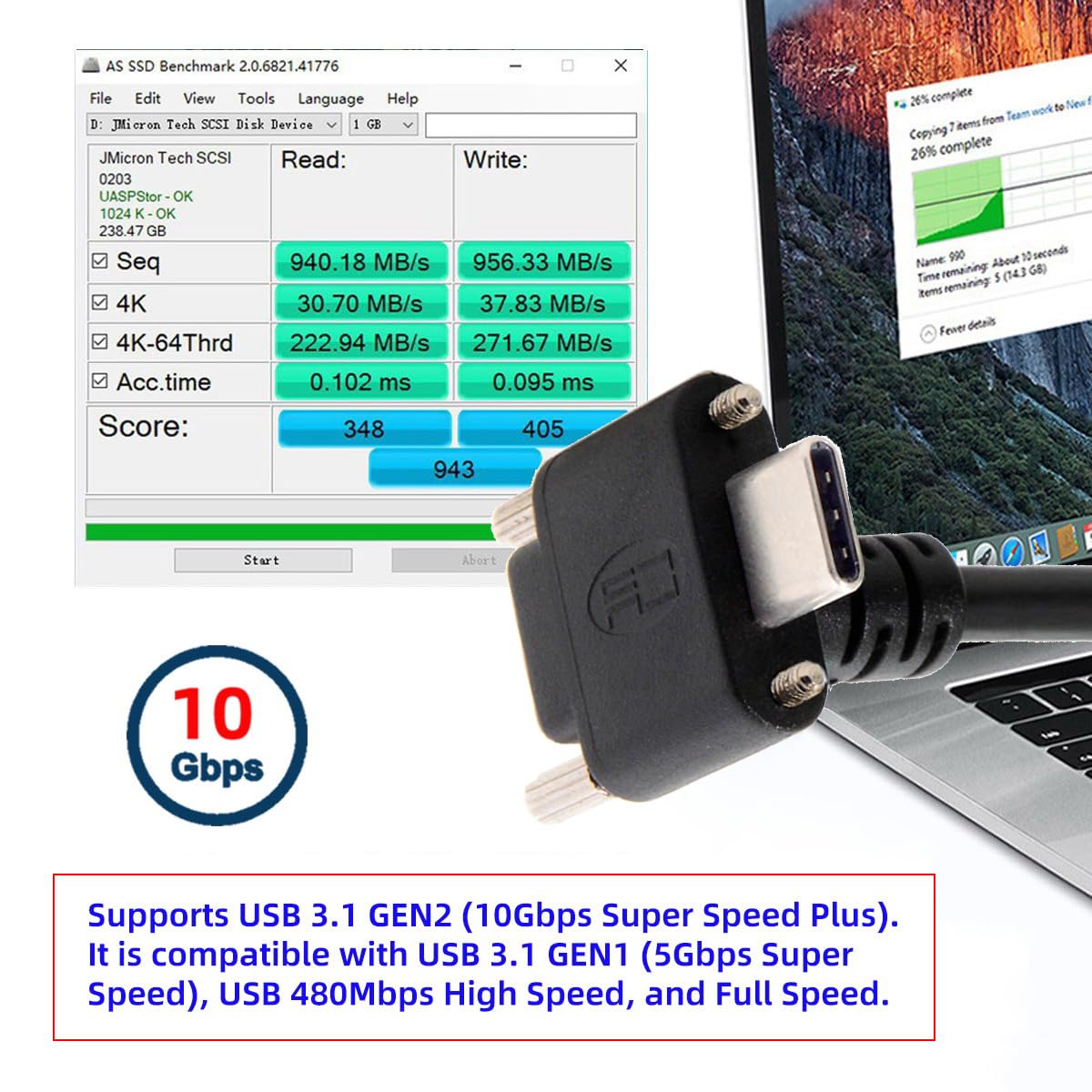 JSER Kabel Vision USB3.1 Type-C USB-C podwójne śruby 90 stopni kątowy typ blokujący do danych USB 3.0 10 Gb/s, kompatybilny z przemysłową kamerą VR, komputerem telefonicznym (8 m z wzmacniaczem)